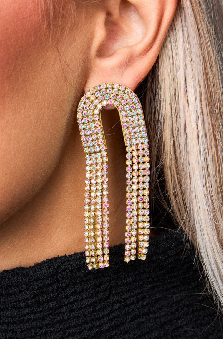 Rhinestone Chain Drop Earrings - Iridescent