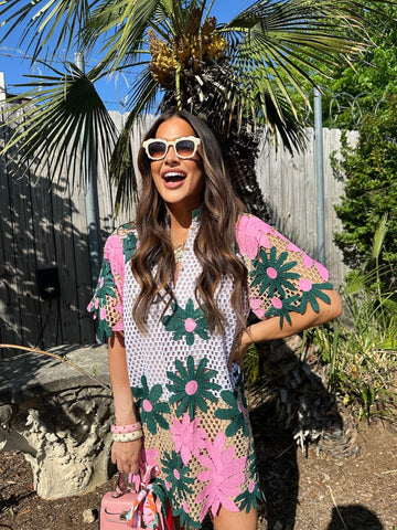 Lulu Short Sleeve Mini Caftan - Pink Lady