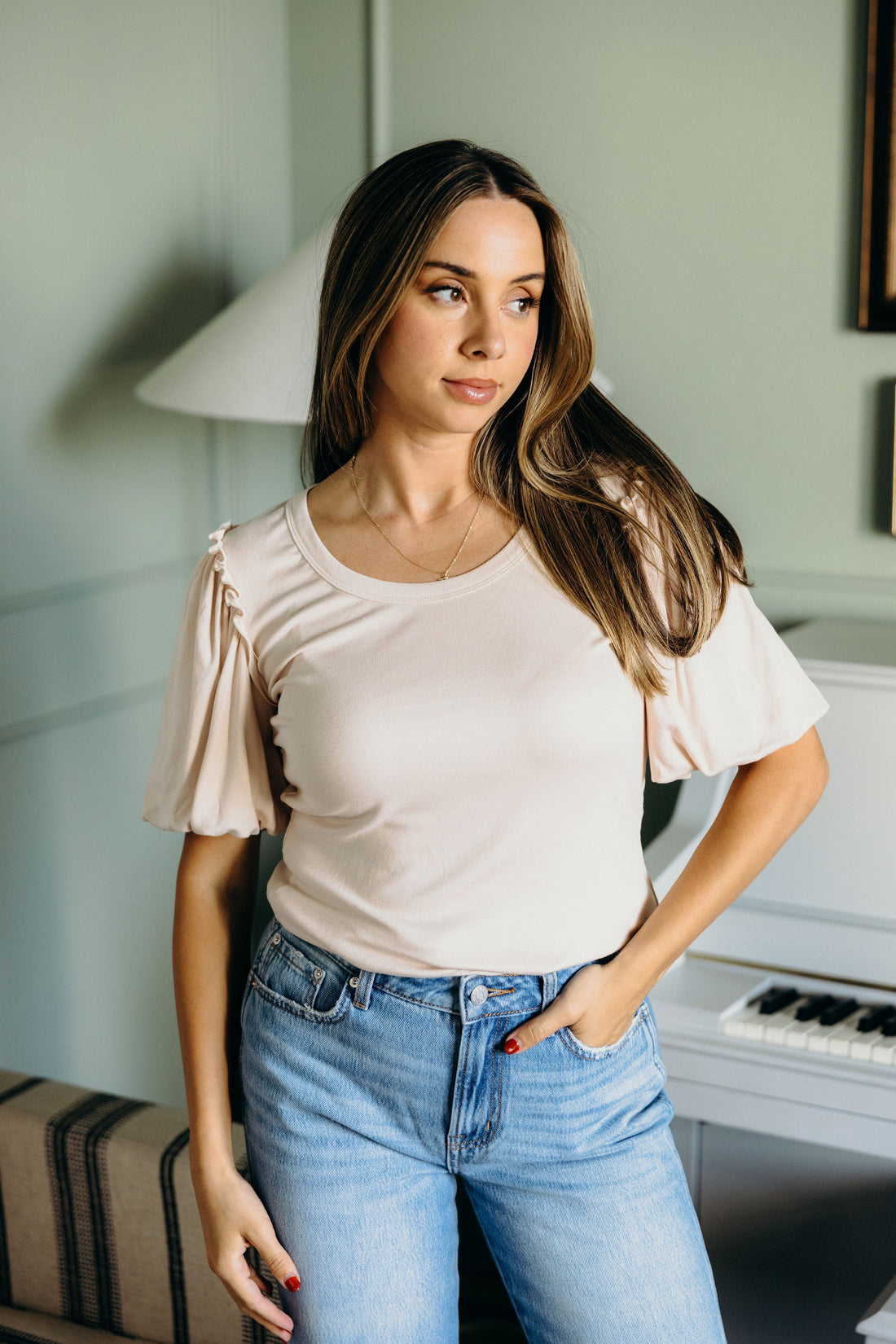 BUBBLE SLEEVE BLOUSE IN PEARL
