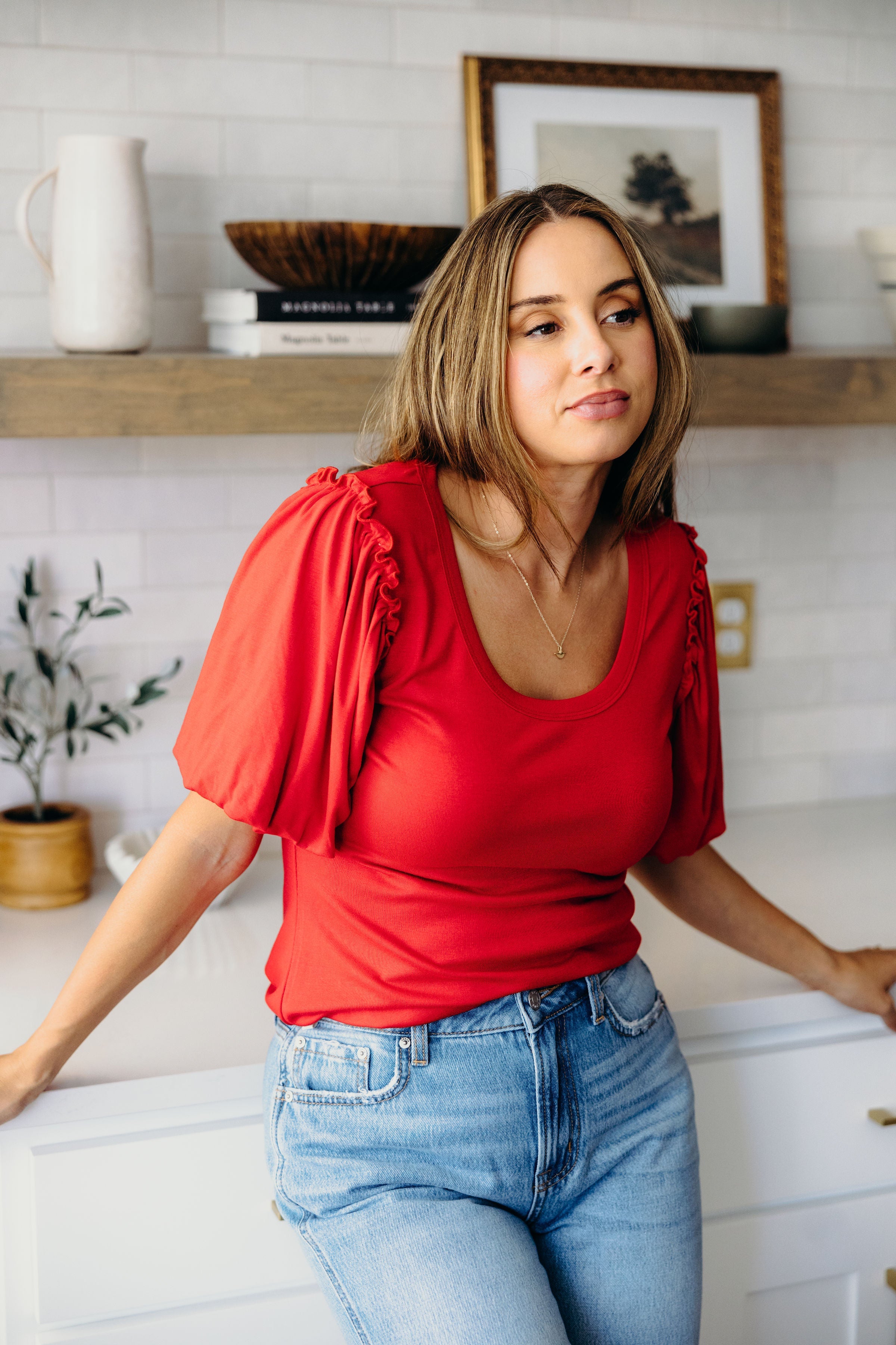 BUBBLE SLEEVE BLOUSE IN CARDINAL