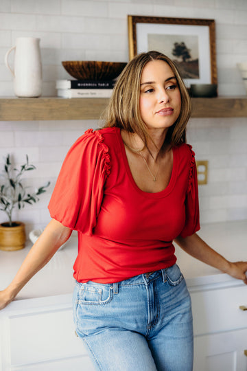 BUBBLE SLEEVE BLOUSE IN CARDINAL