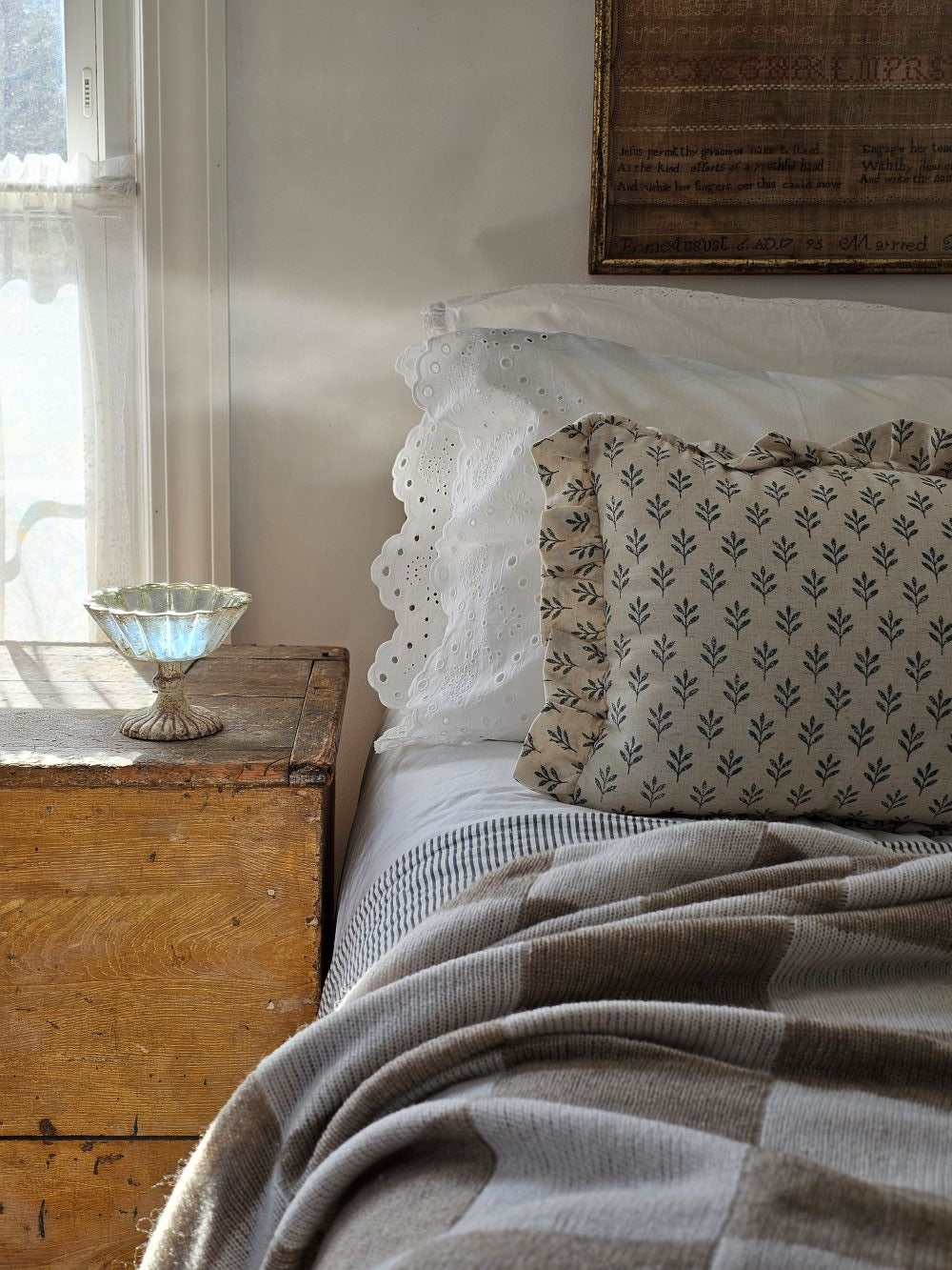 Cottage Rose Blue Block Print Pillow
