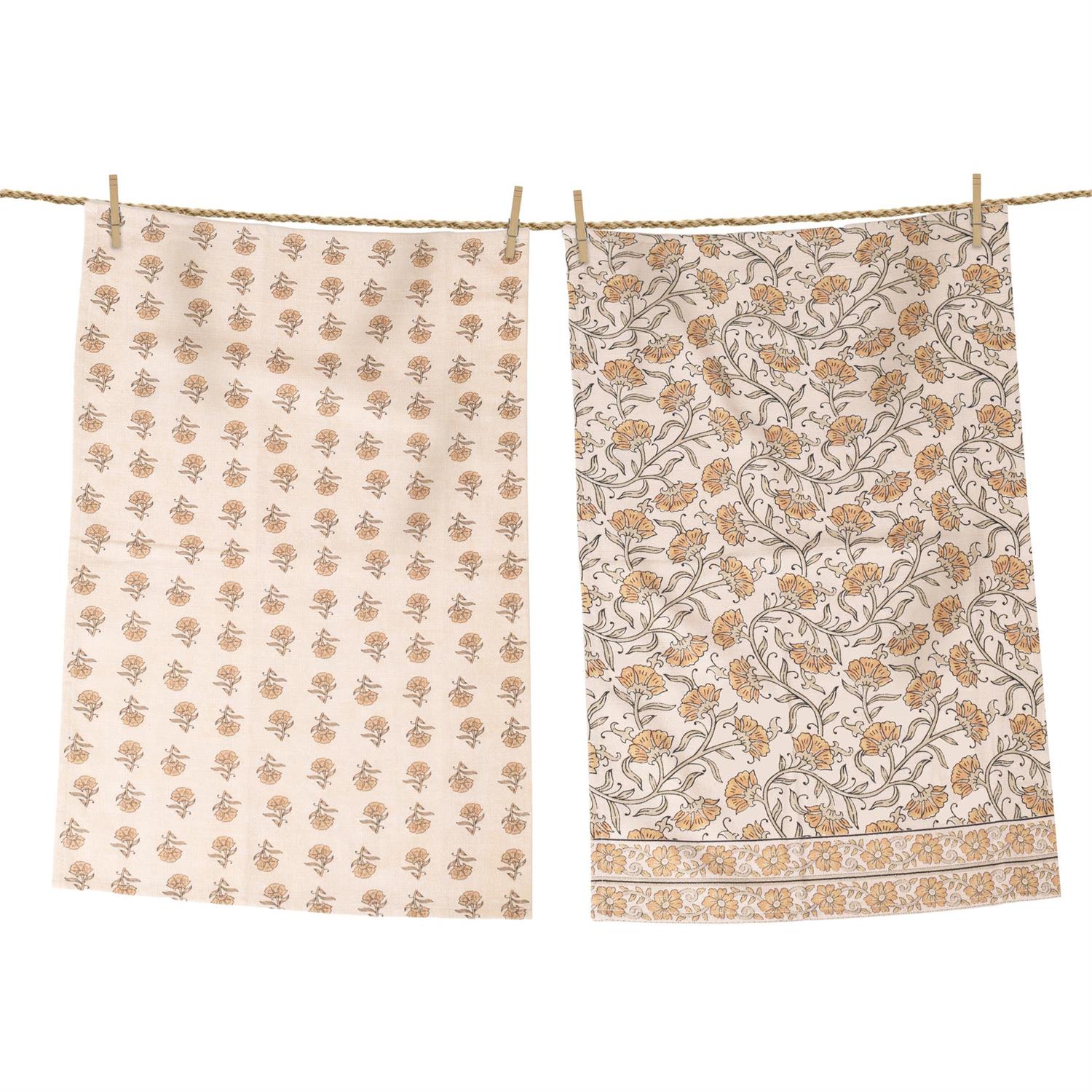 Block Print Mustard Flowers Tea Towel Set