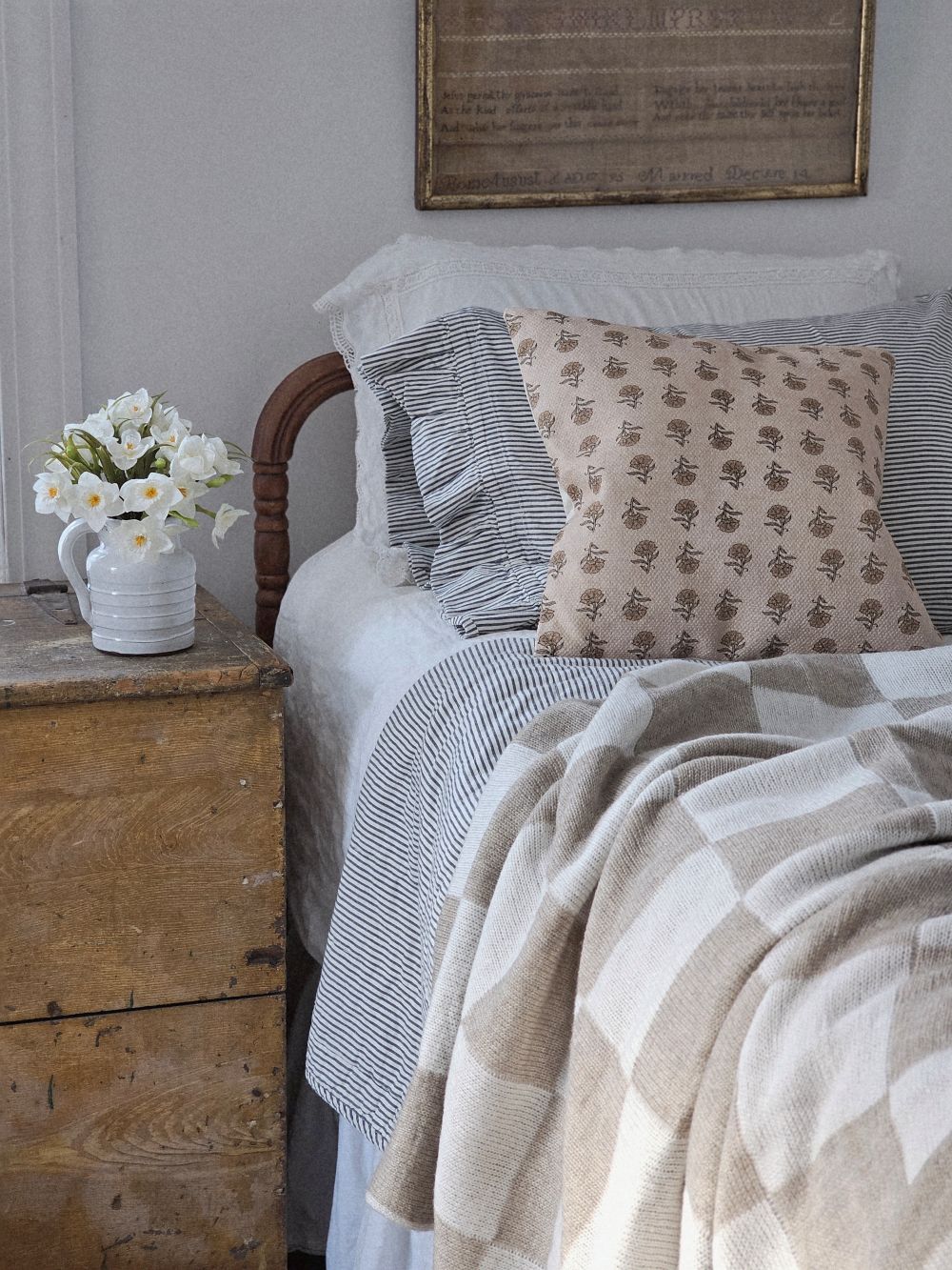 Block Print Pillow with Mustard Flowers