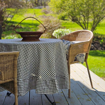 Brown and White Gingham Check Tablecloth with Ruffled Edge