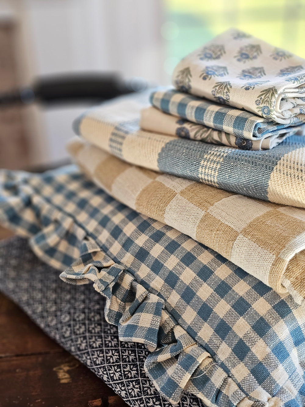 Cottage Blue Gingham and Ruffles Pillow
