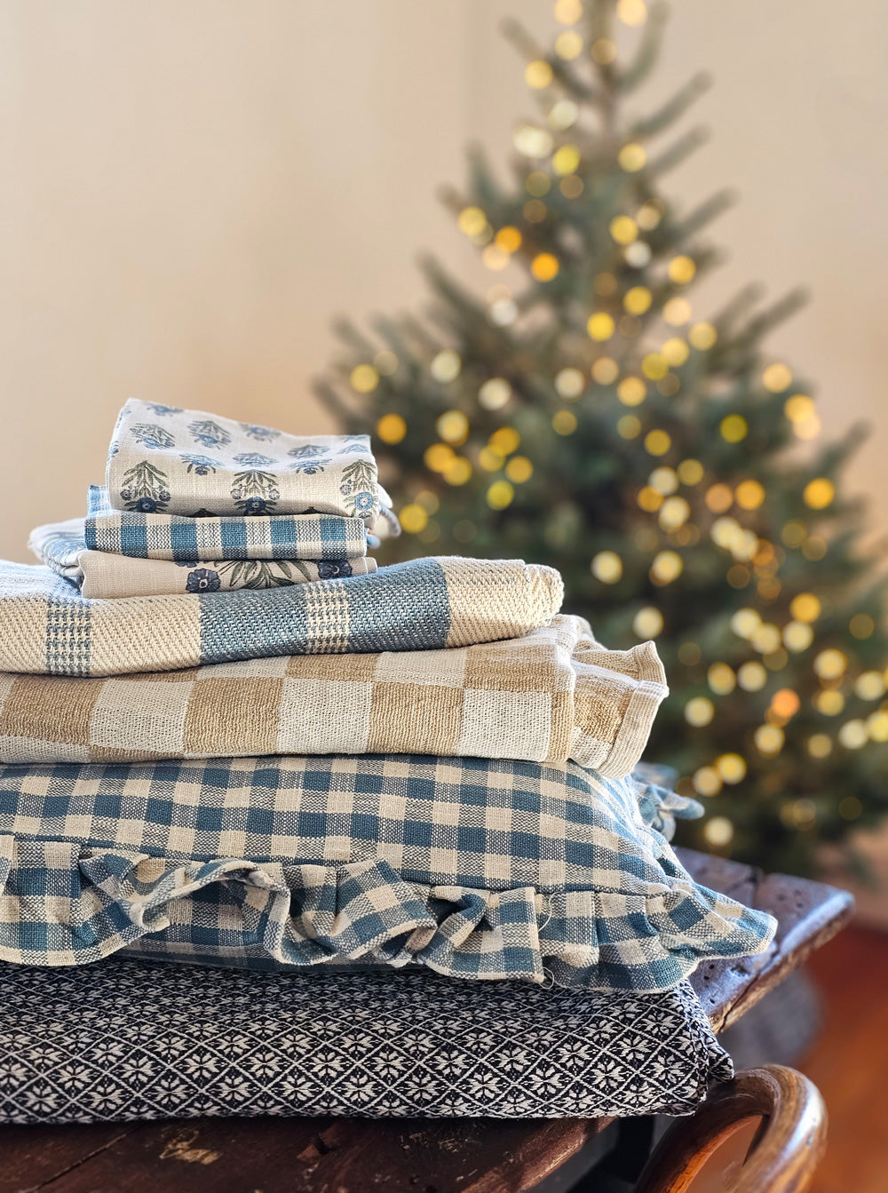 Cottage Blue Gingham and Block Print Tea Towel Set