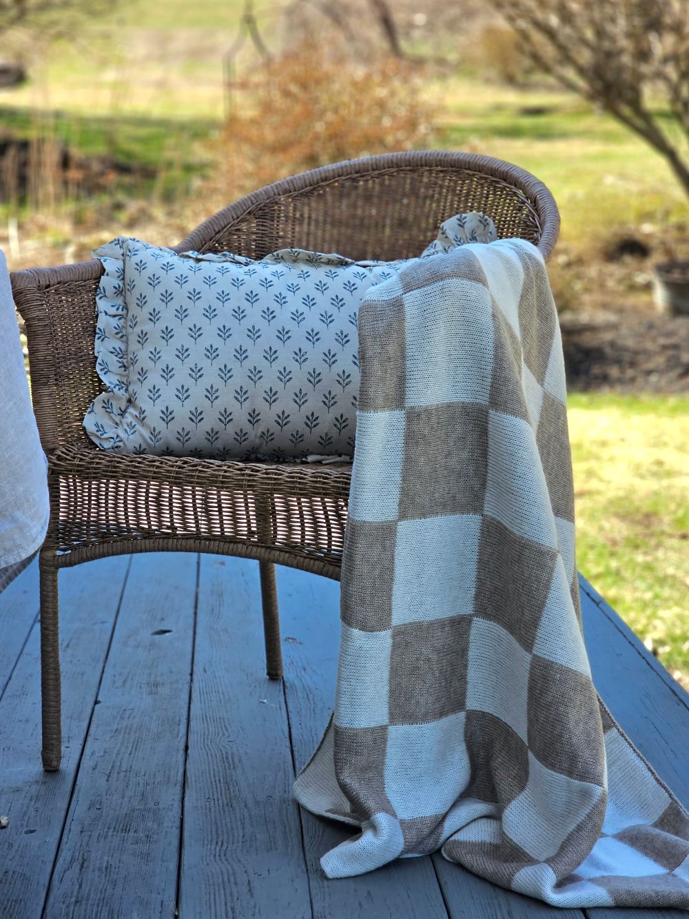 Cottage Rose Blue Block Print Pillow
