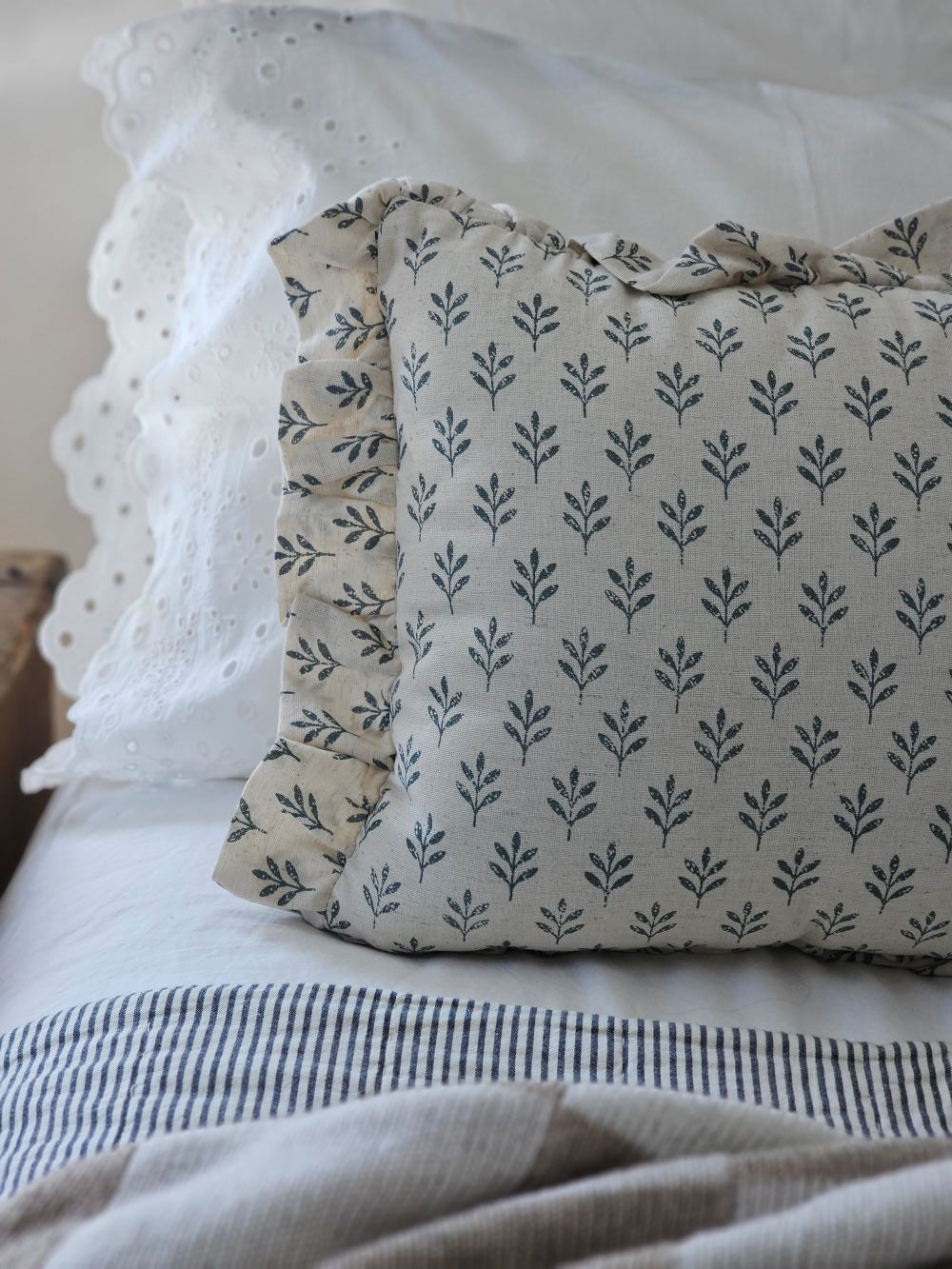 Cottage Rose Blue Block Print Pillow