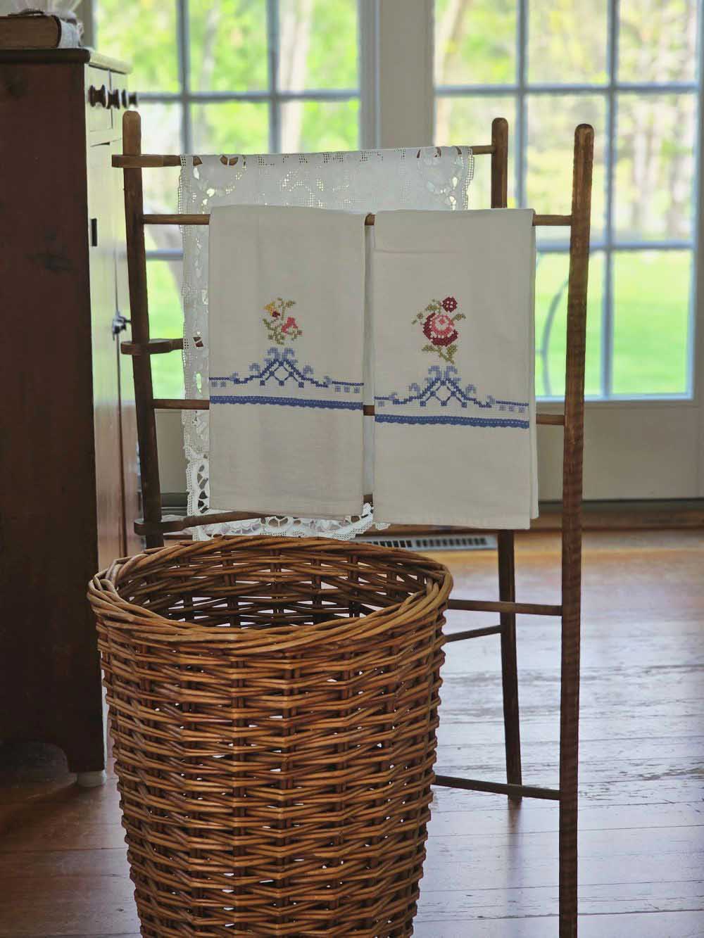 Cross Stitch Embroidered Cottage Tea Towel