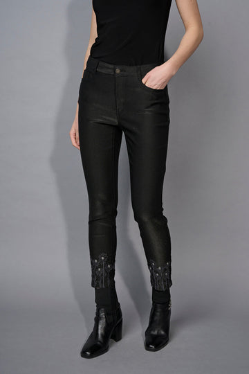 Embroidered Slim-Leg Ankle Pants