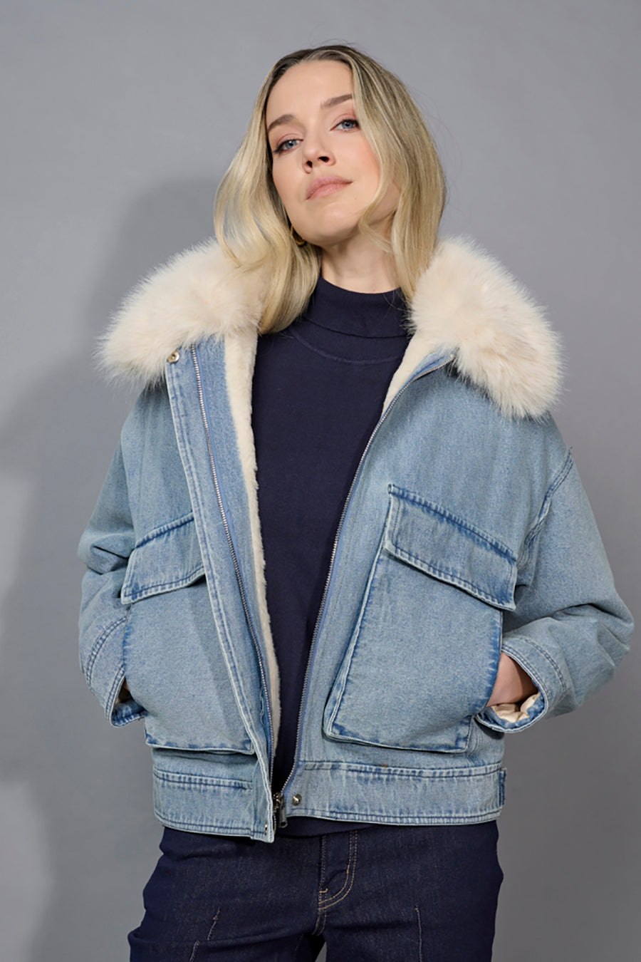 Faux-Fur Trim Zip-Front Denim Jacket
