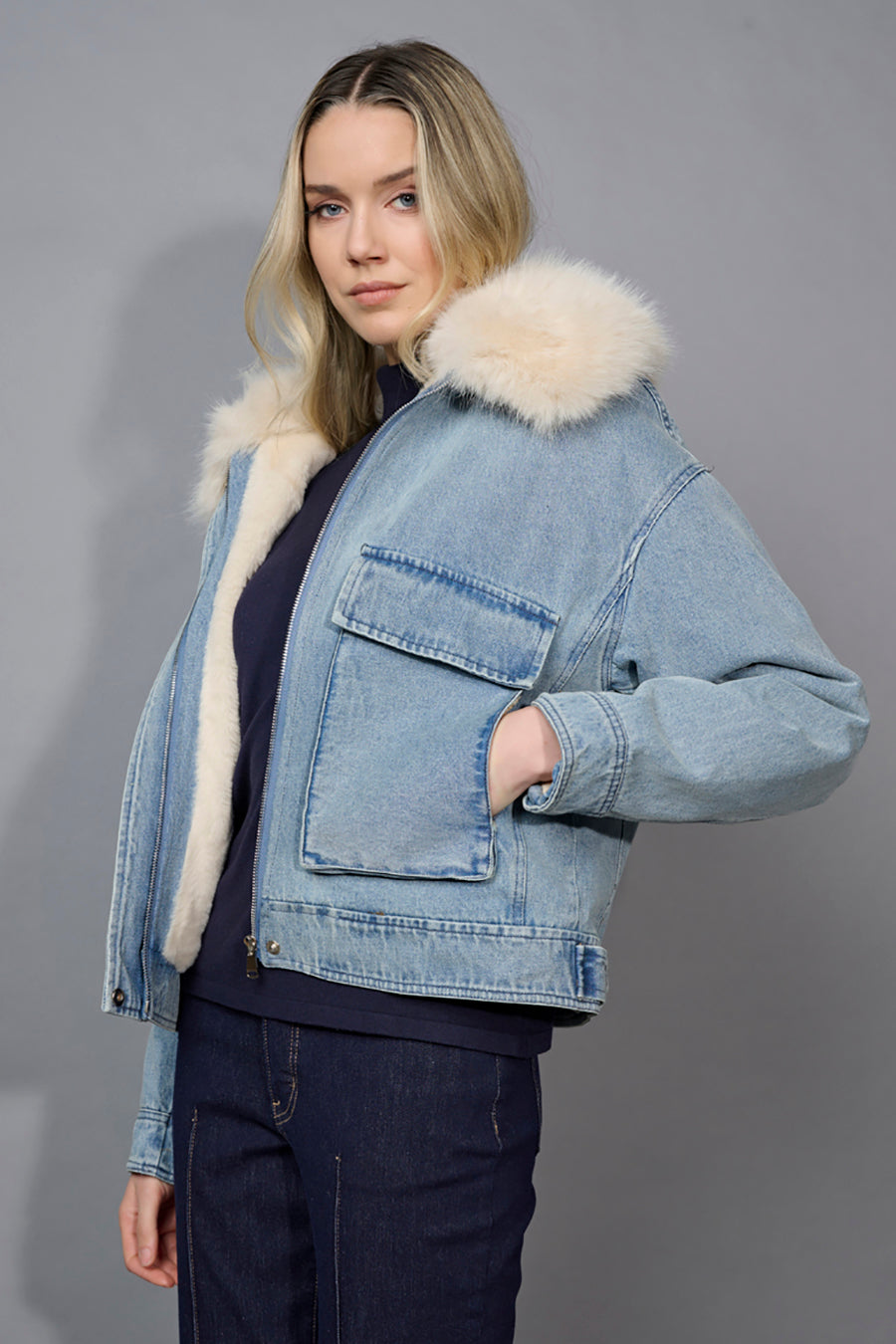 Faux-Fur Trim Zip-Front Denim Jacket