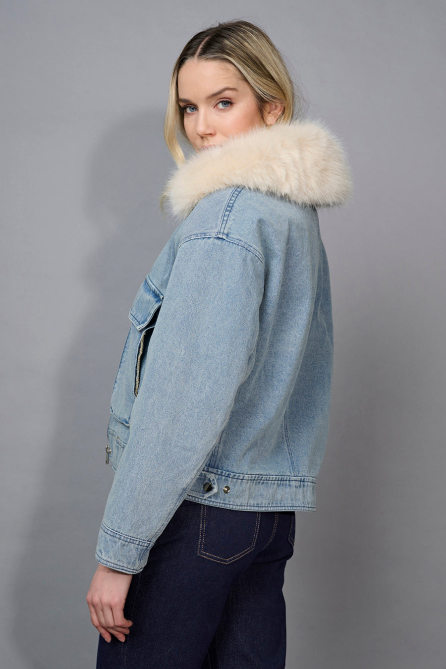 Faux-Fur Trim Zip-Front Denim Jacket
