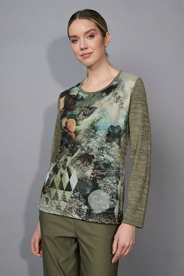 Crew-Neck Printed Heather Knit Top