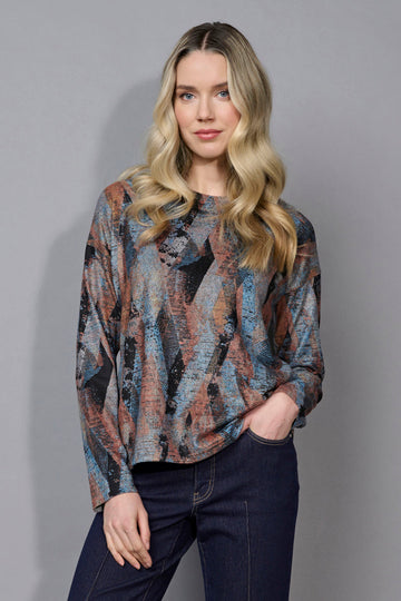 Crew-Neck Heather-Knit Printed Top
