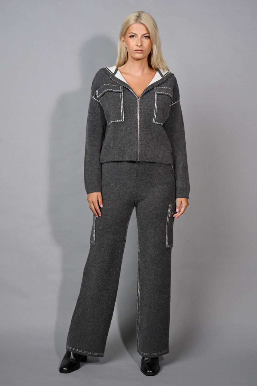 Zip-Front Hooded Knit Jacket