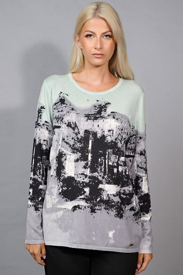 Crew-Neck Sweater-Knit Printed Top