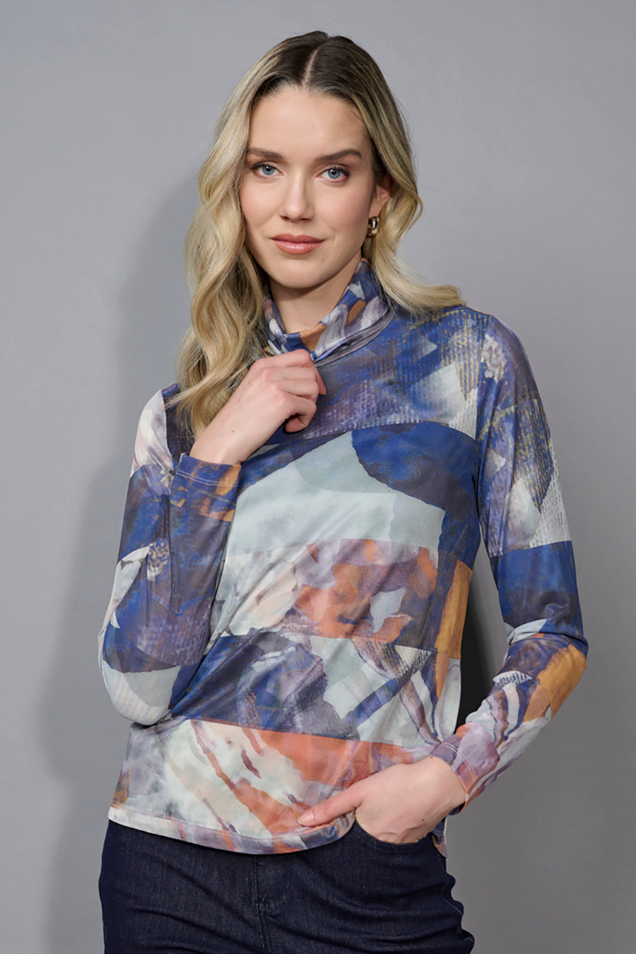Mock-Neck Printed Mesh Top