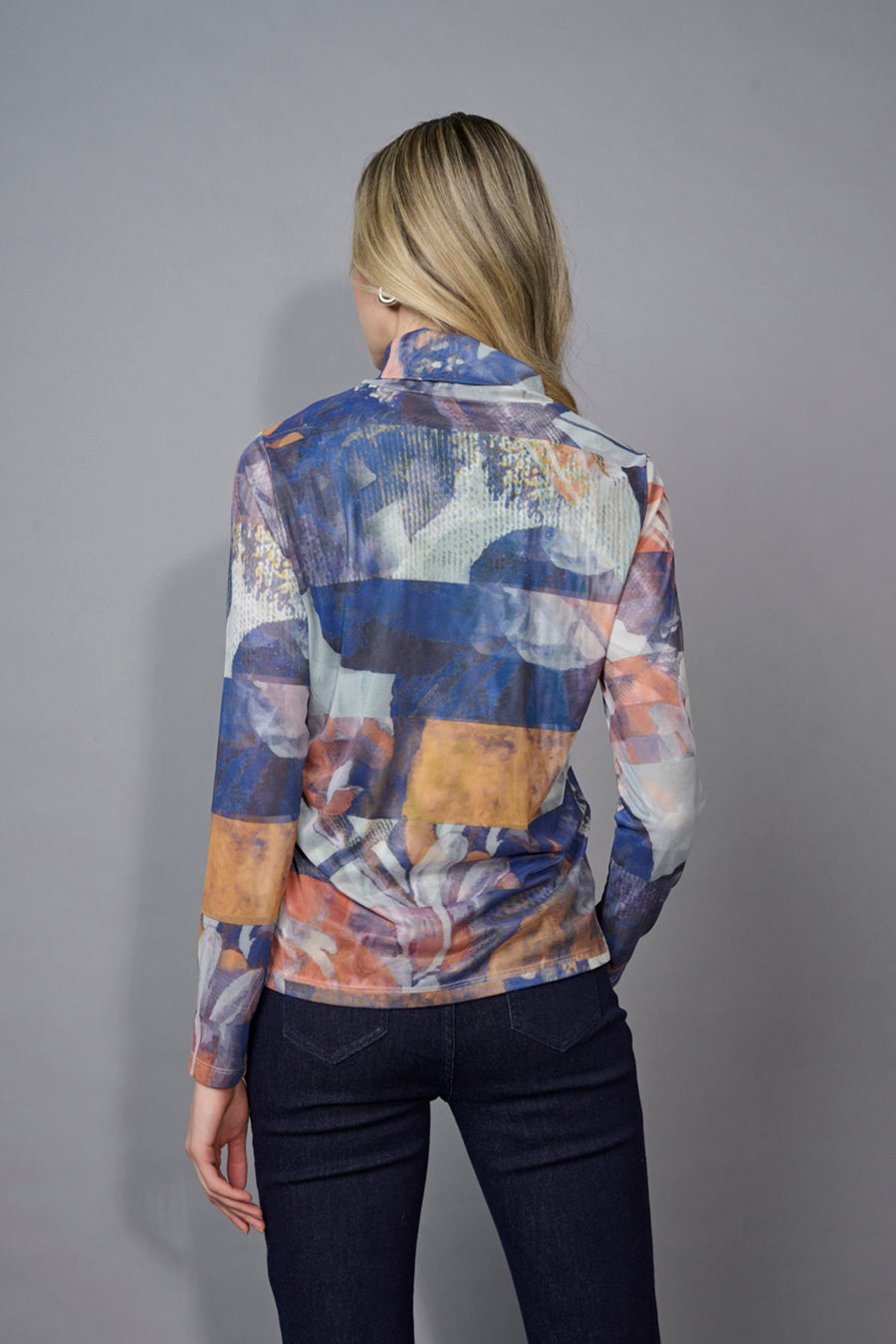Mock-Neck Printed Mesh Top