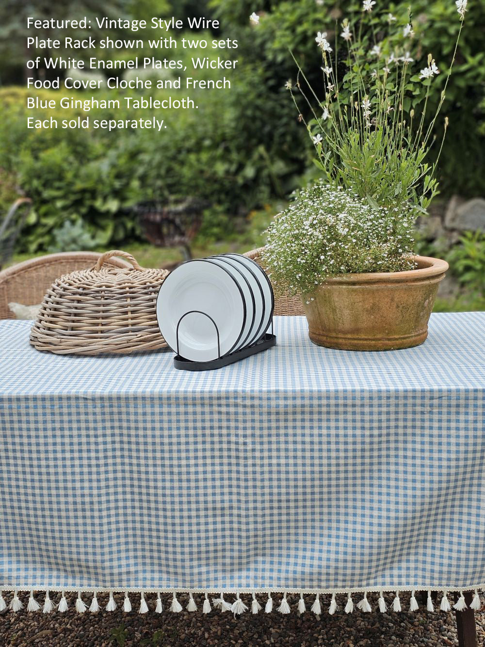 French Blue Gingham Tablecloth with Tassel Trim