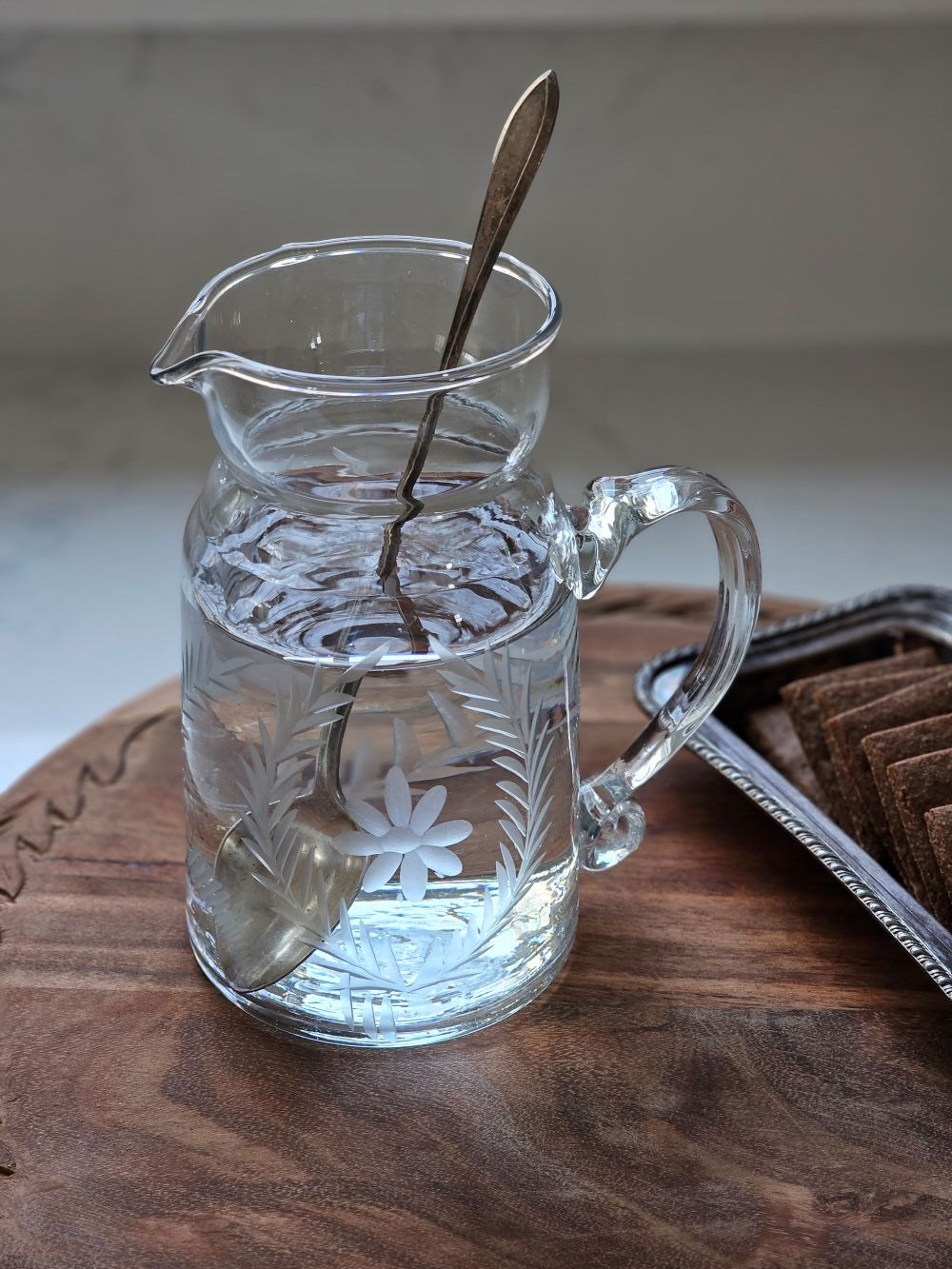 French Country Etched Glass Pitcher