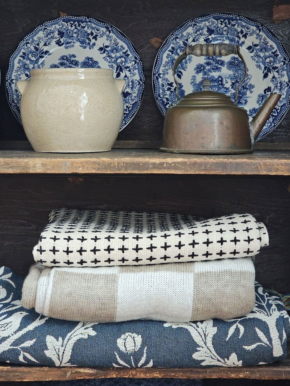 Knit Beige and Cream Checkered Throw Blanket