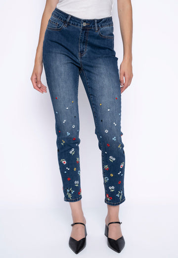 Flower Embroidered Ankle-Length Jeans