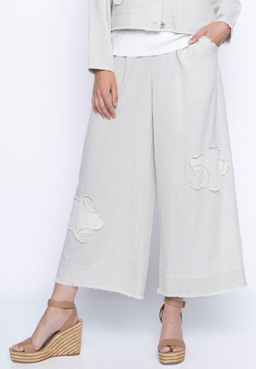 Faux Linen Embellished Wide-Leg Pants
