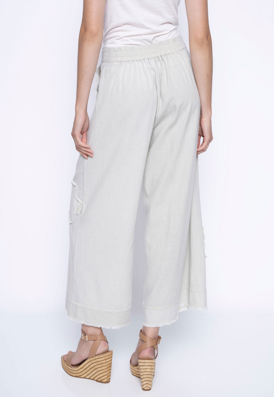 Faux Linen Embellished Wide-Leg Pants