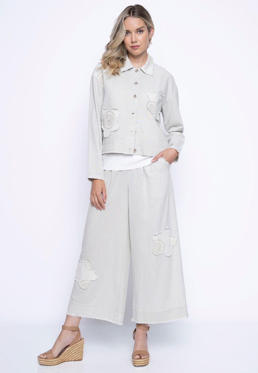 Button-Front Faux Linen Embellished Jacket