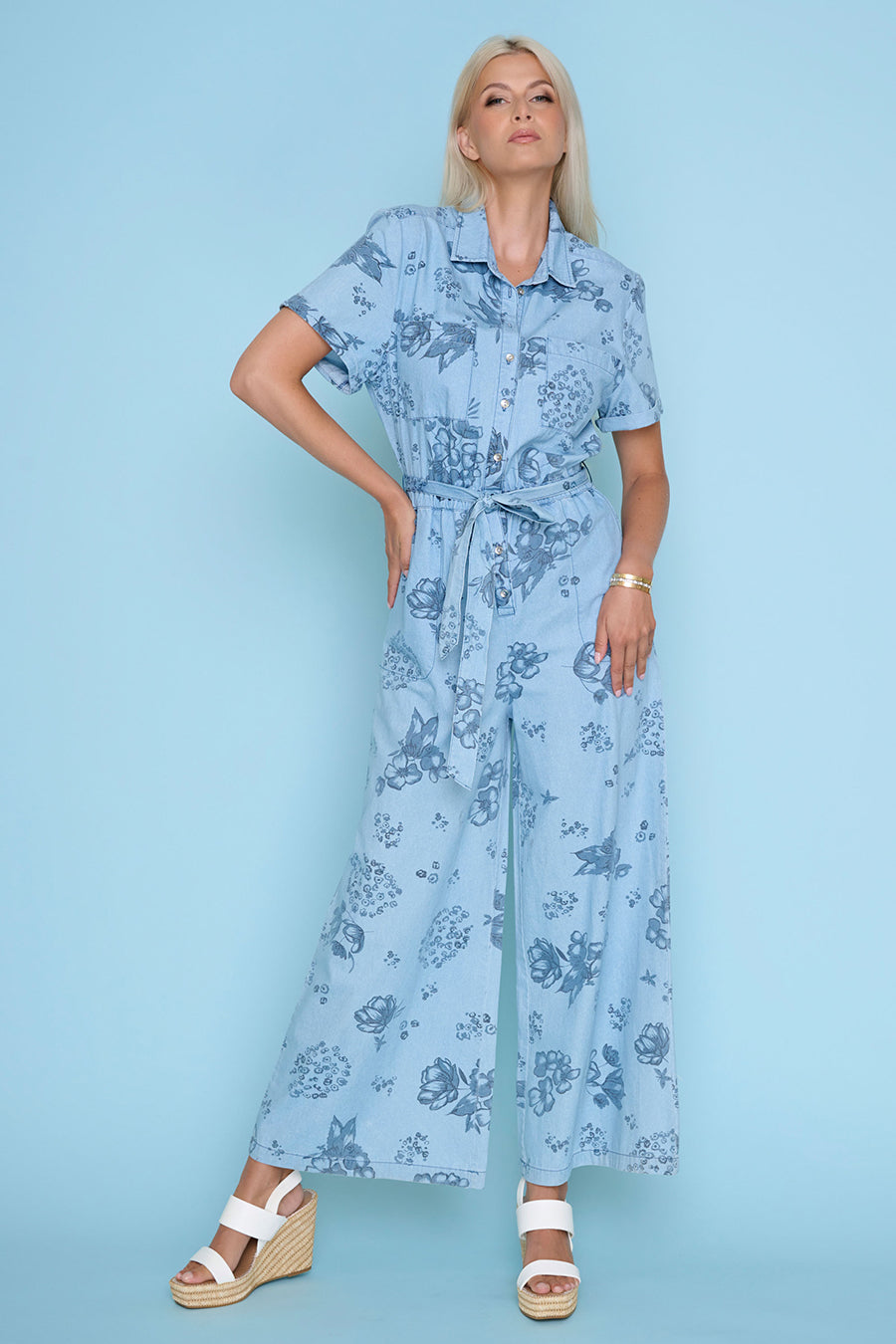 Short-Sleeve Jumpsuit With Waist Tie