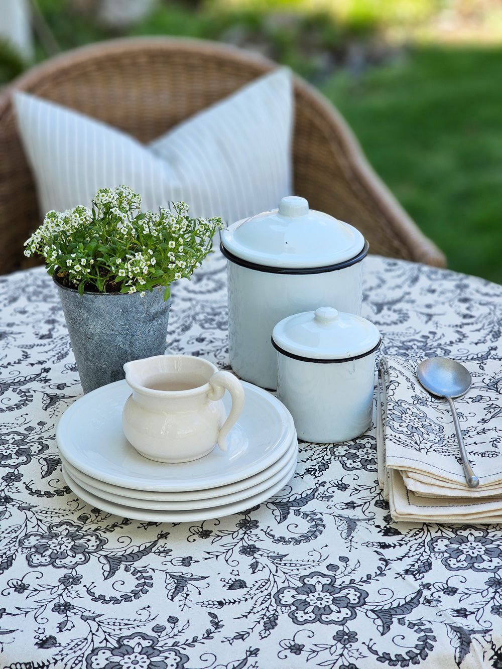 White Enamel Canisters with Black Trim