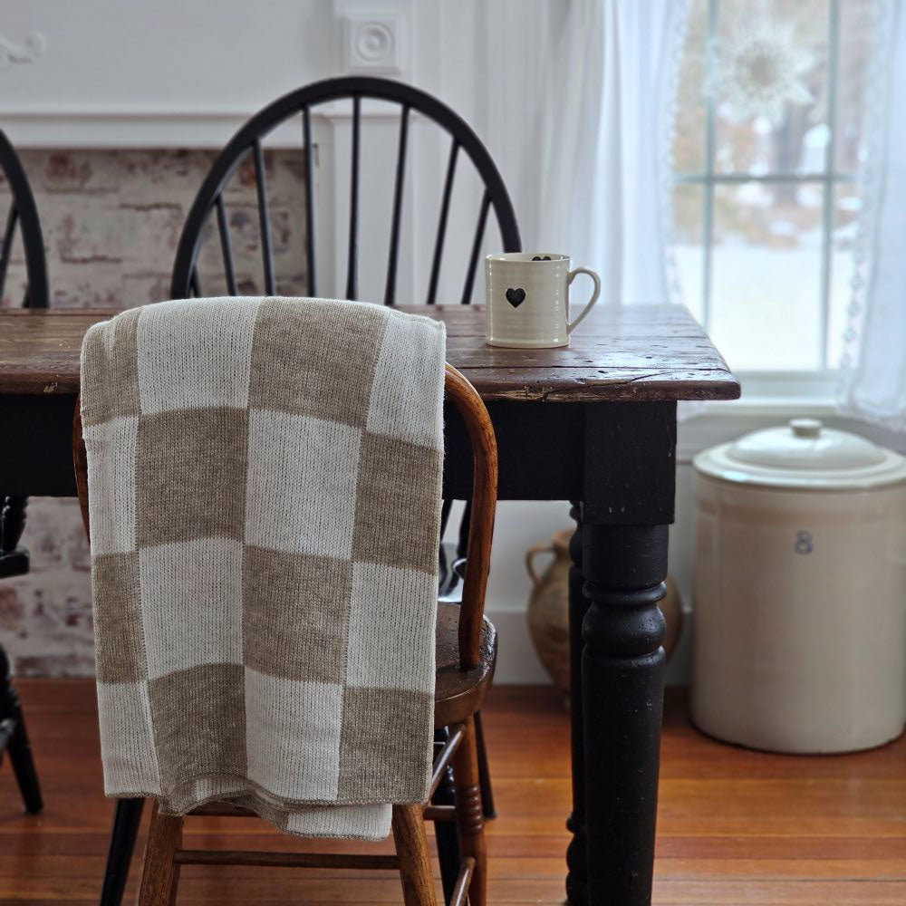 Knit Beige and Cream Checkered Throw Blanket