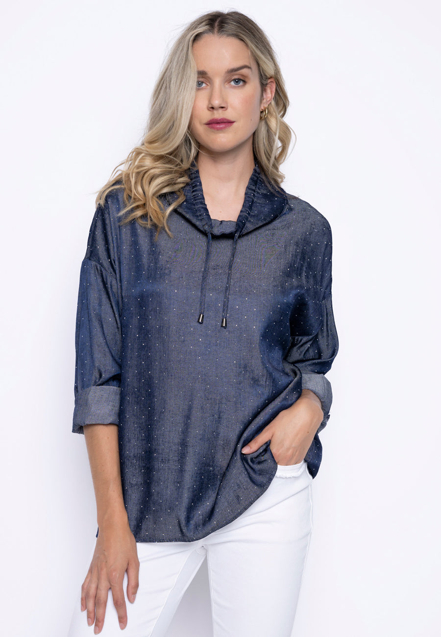 Allover Rhinestone Embellished Drawstring Neck Top