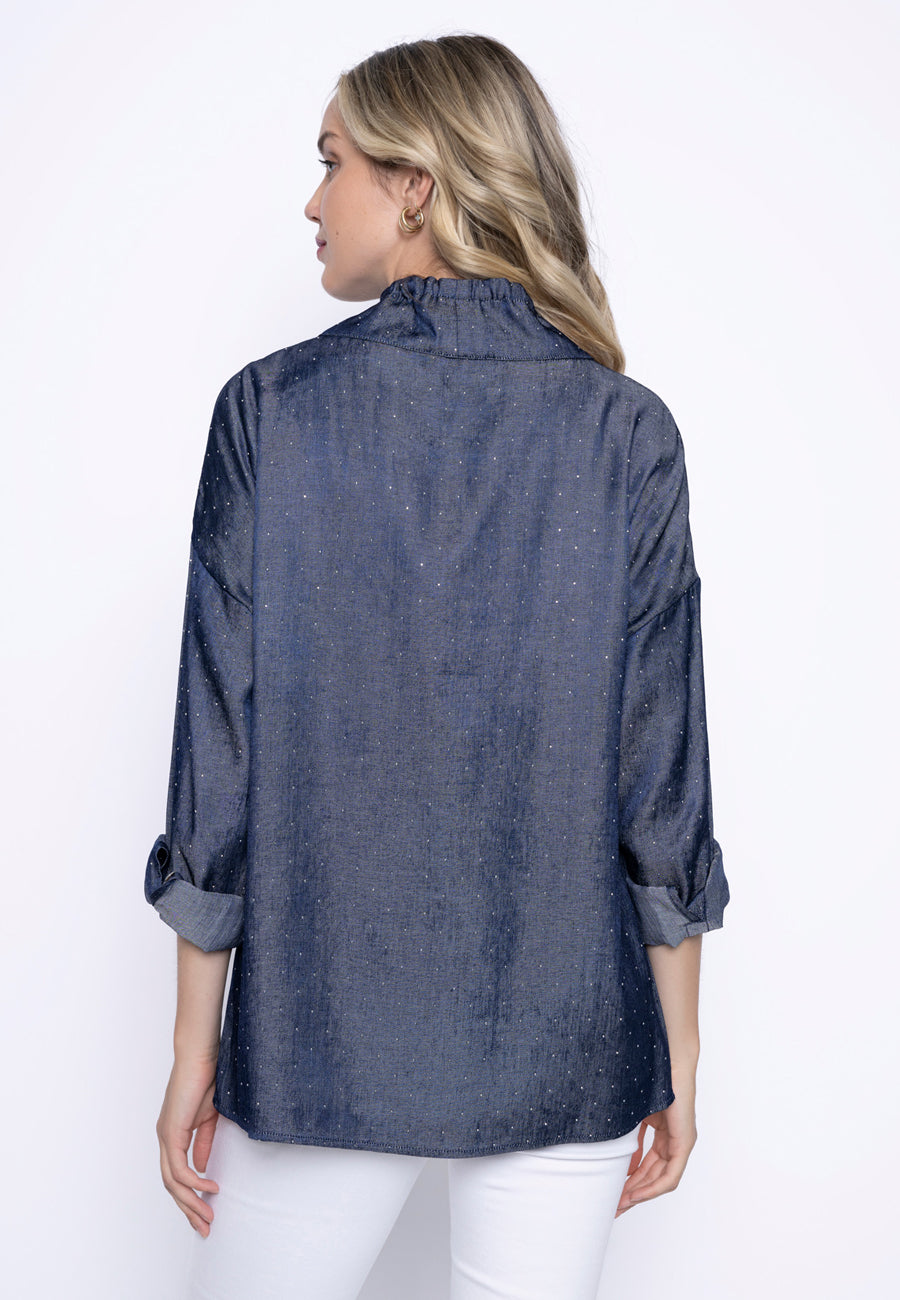 Allover Rhinestone Embellished Drawstring Neck Top