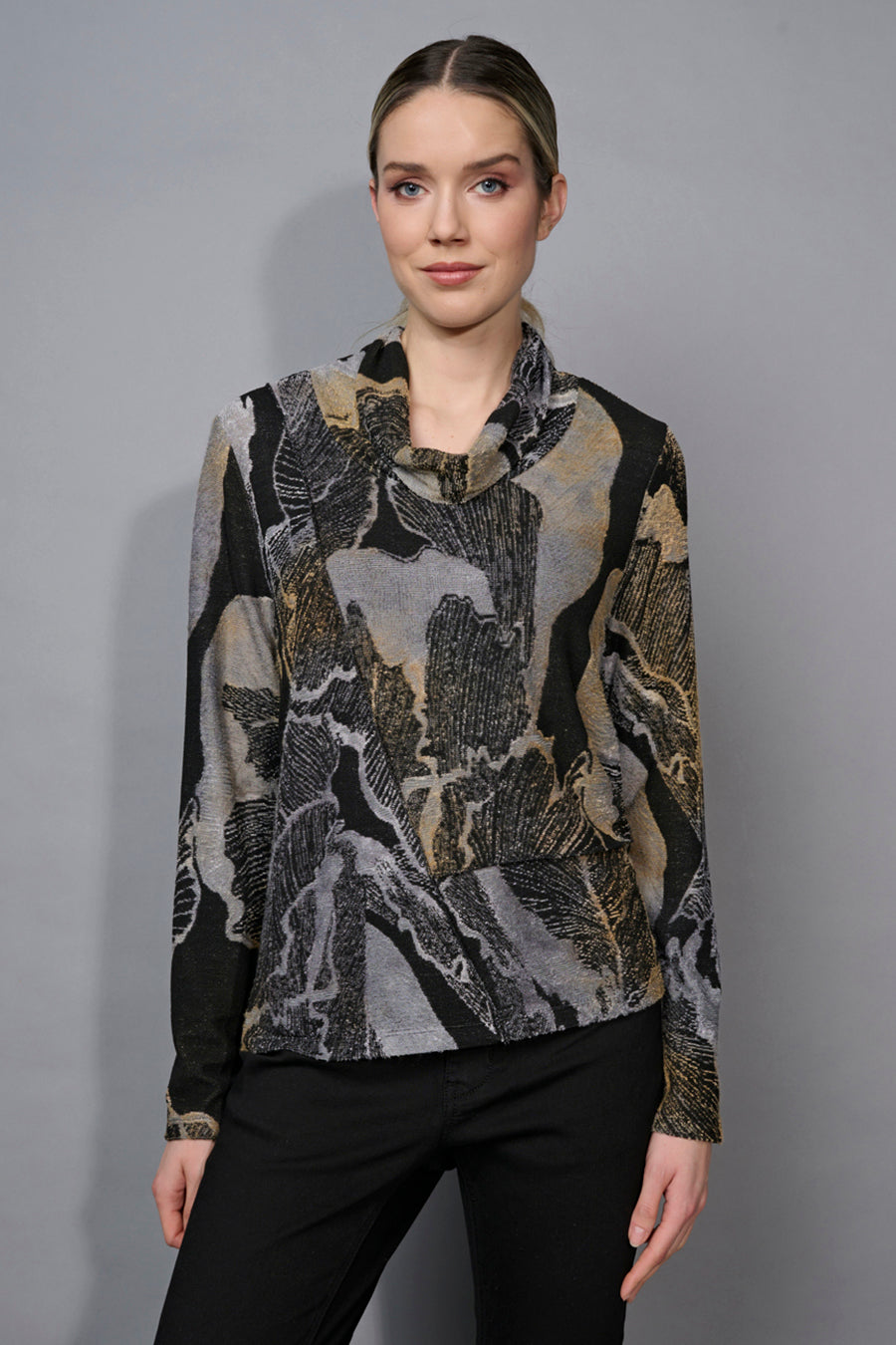Draped Neck Clipped Jacquard Top