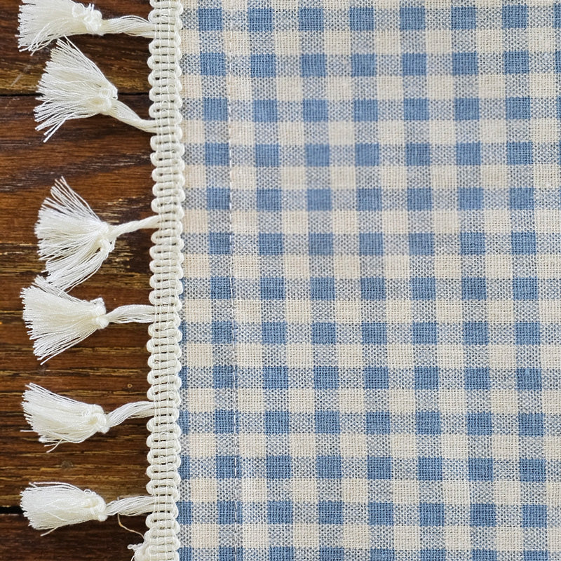 French Blue Gingham Tablecloth with Tassel Trim