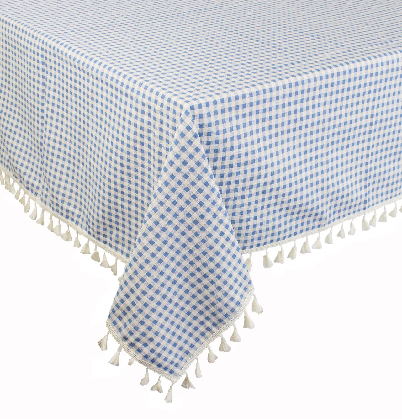 French Blue Gingham Tablecloth with Tassel Trim