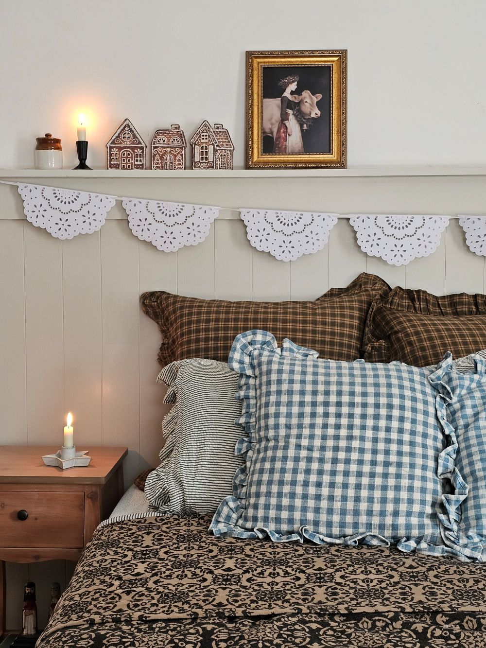Cottage Blue Gingham and Ruffles Pillow