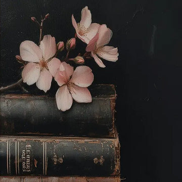 Vintage Still Life Art Print with Pink Blossoms and Books