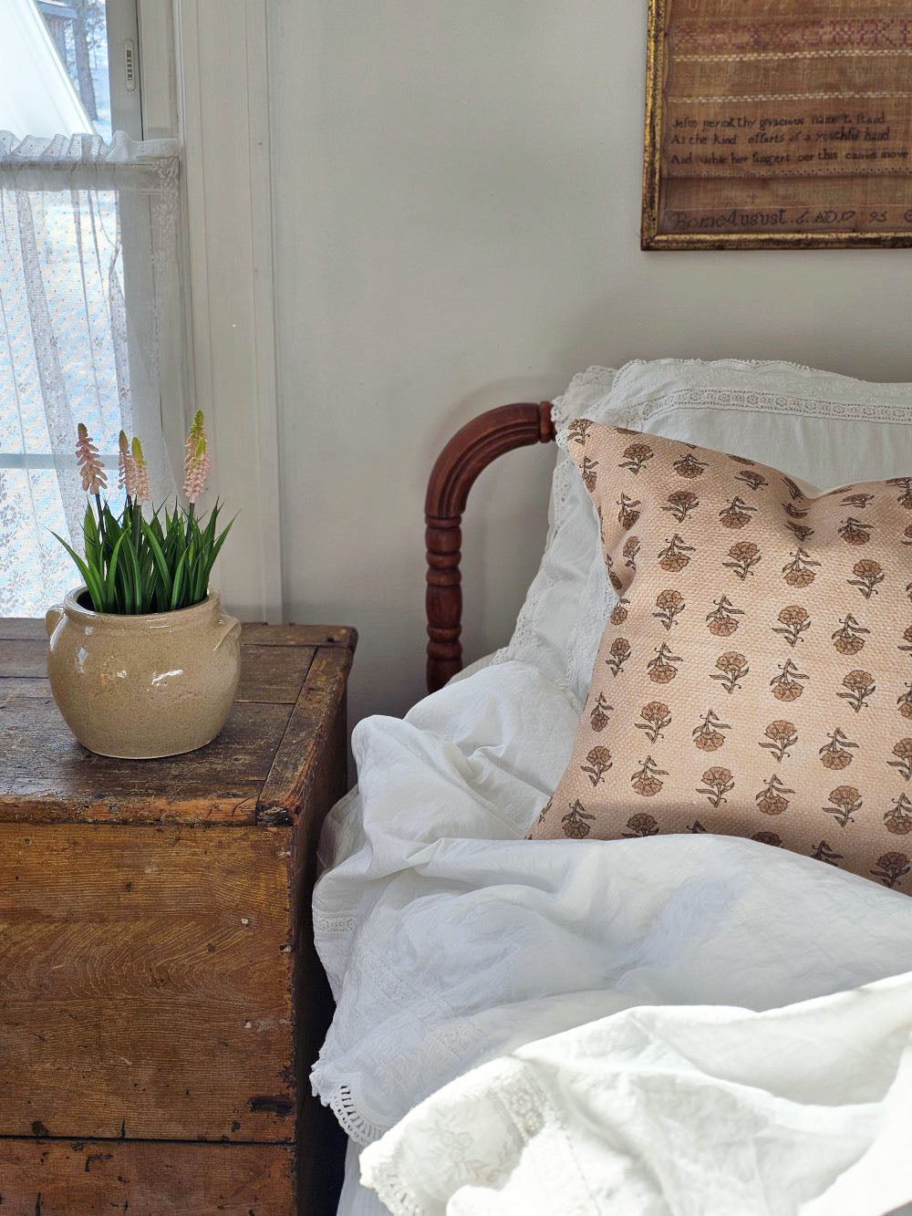 Block Print Pillow with Mustard Flowers