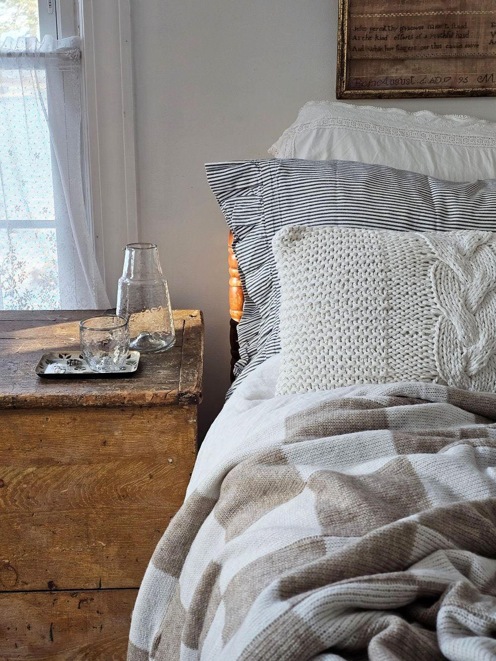 Knit Beige and Cream Checkered Throw Blanket