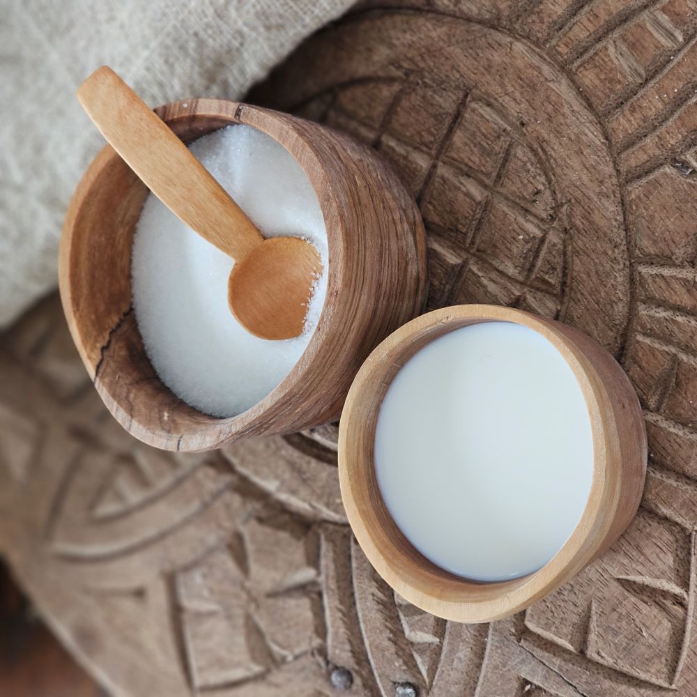 Rustic Olive Wood Sugar Bowl and Creamer Set