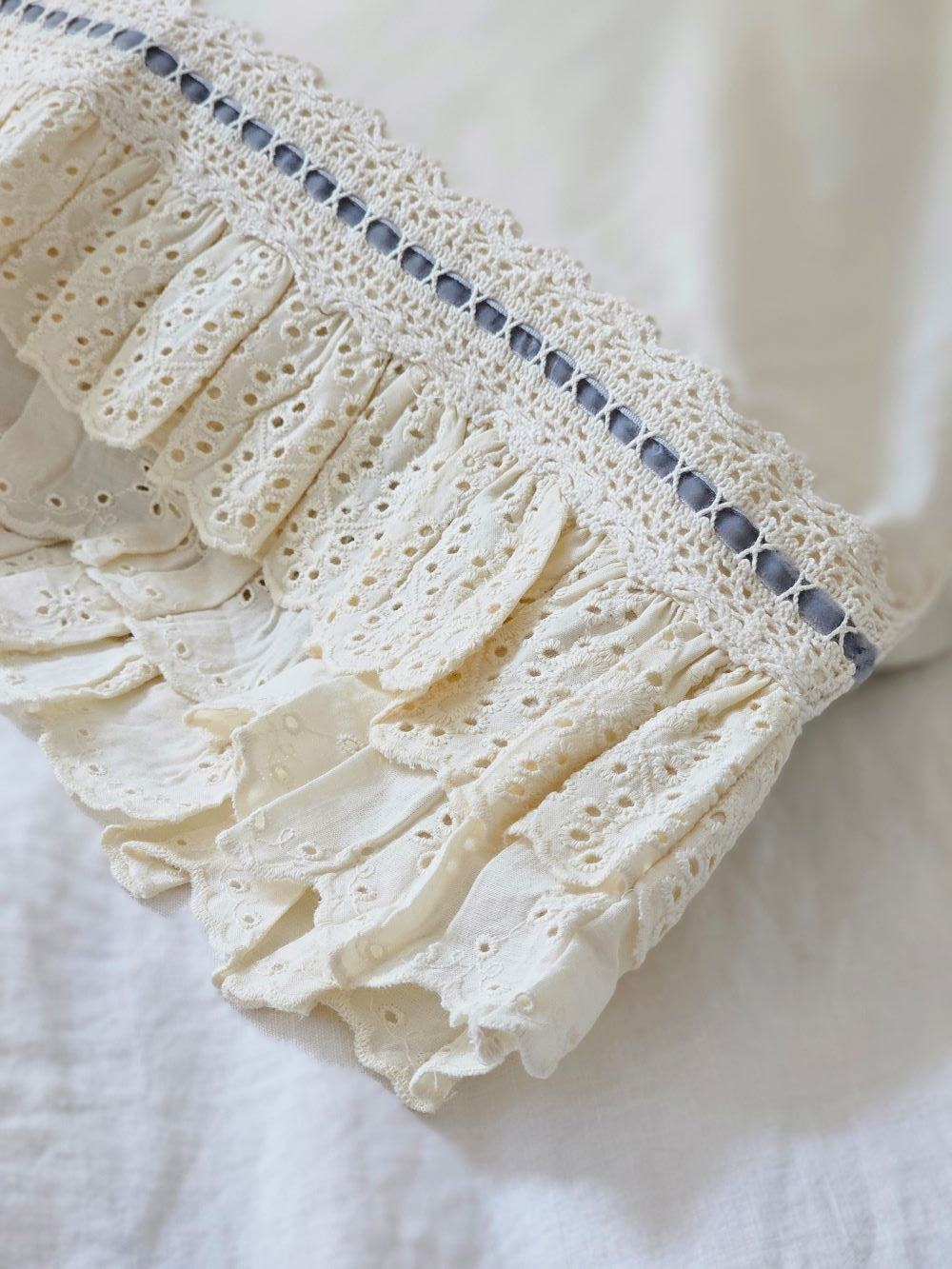 Eyelet Ruffles with Blue Velvet Ribbon Pillowcase, Set of 2