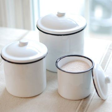 White Enamel Canisters with Black Trim