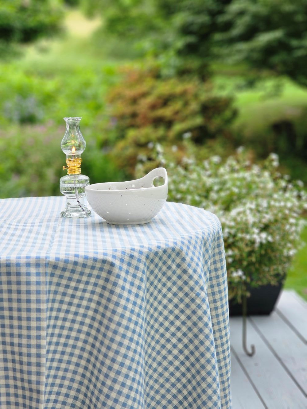 French Blue Gingham Tablecloth with Tassel Trim