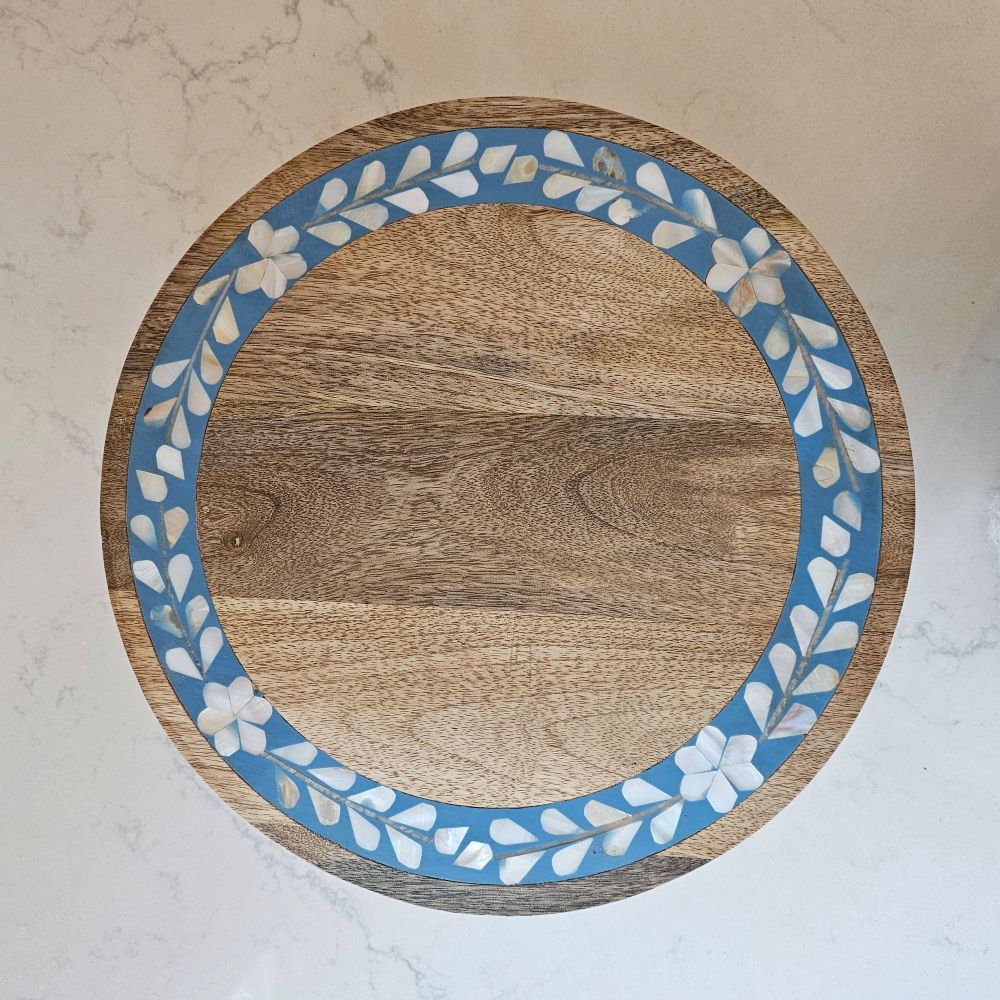 Wood Riser with Blue Inlay Design