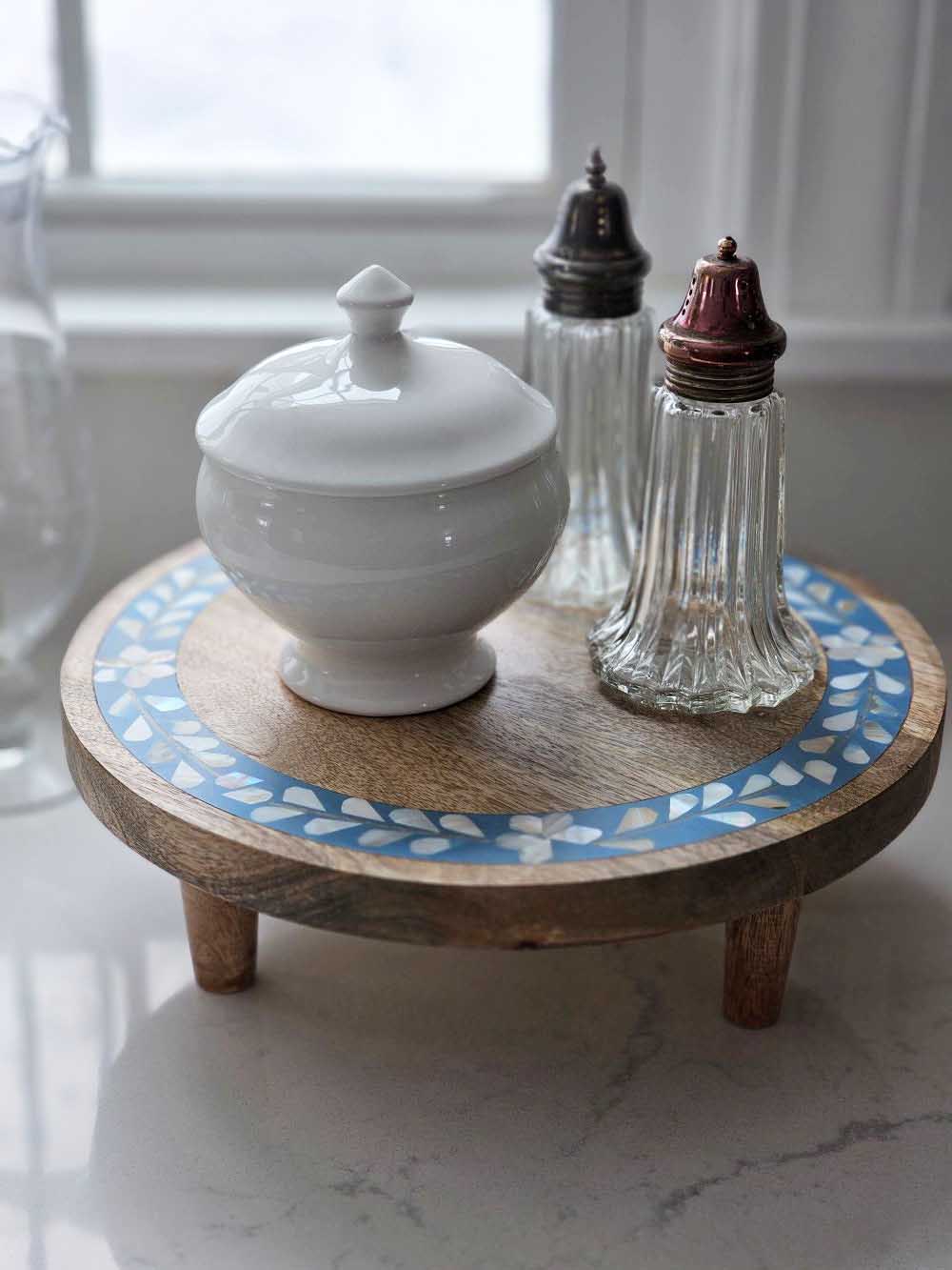 Wood Riser with Blue Inlay Design