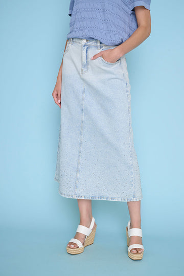 Rhinestone Denim Long Skirt